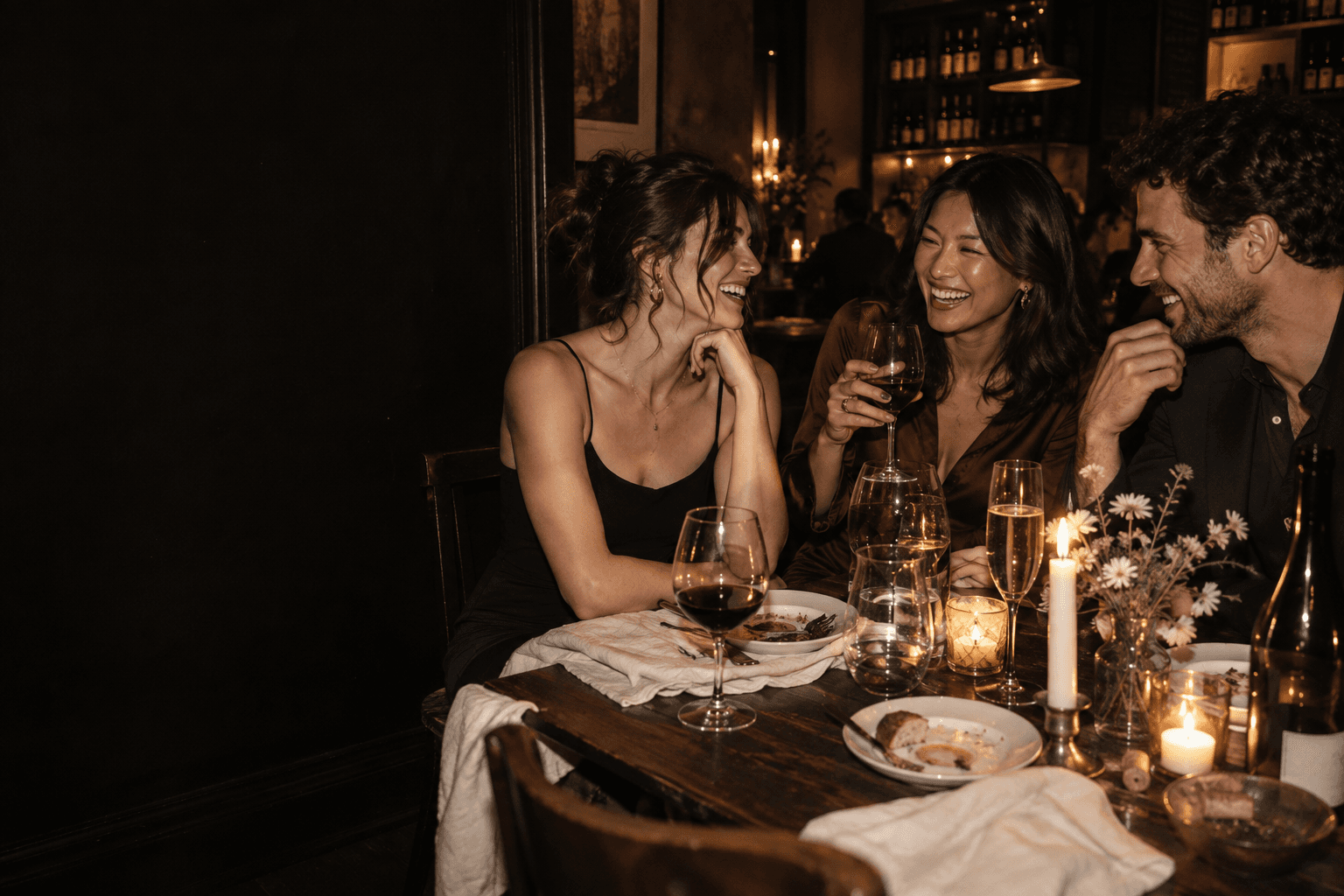 A warmly lit table set for a night with friends